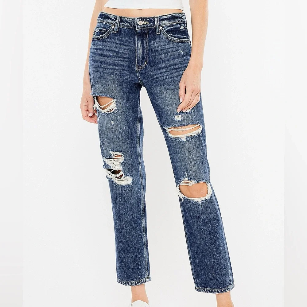 KanCan Nonstretch 100% Cotton High Rise Ripped Dark Wash Mom Jeans 32 Women’s